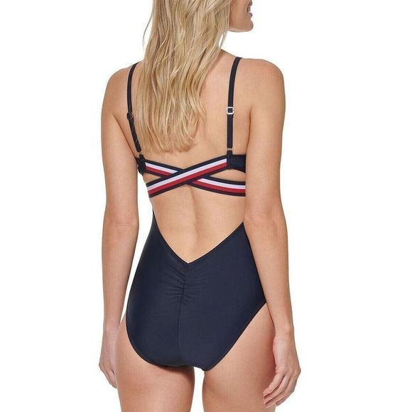 Tommy Hilfiger TZ2MS745 Sz M Sky Captain Logo Stripe Cross Back 1-Pc Swimsuit$98 - Picture 10 of 10
